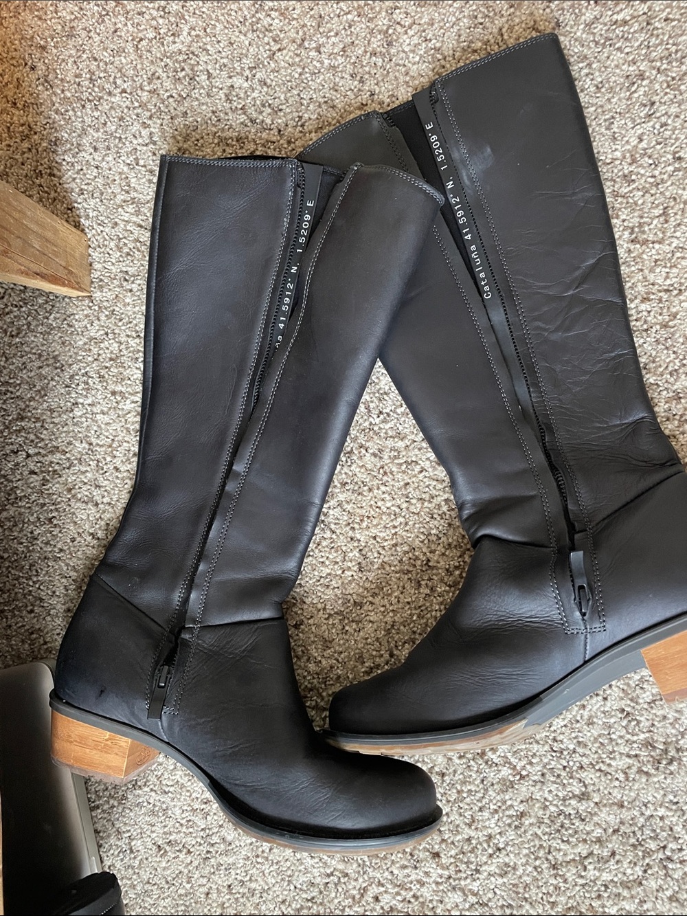 Chaco Black Leather Knee-High Zip Boots with Wood-Tone Stacked Heel